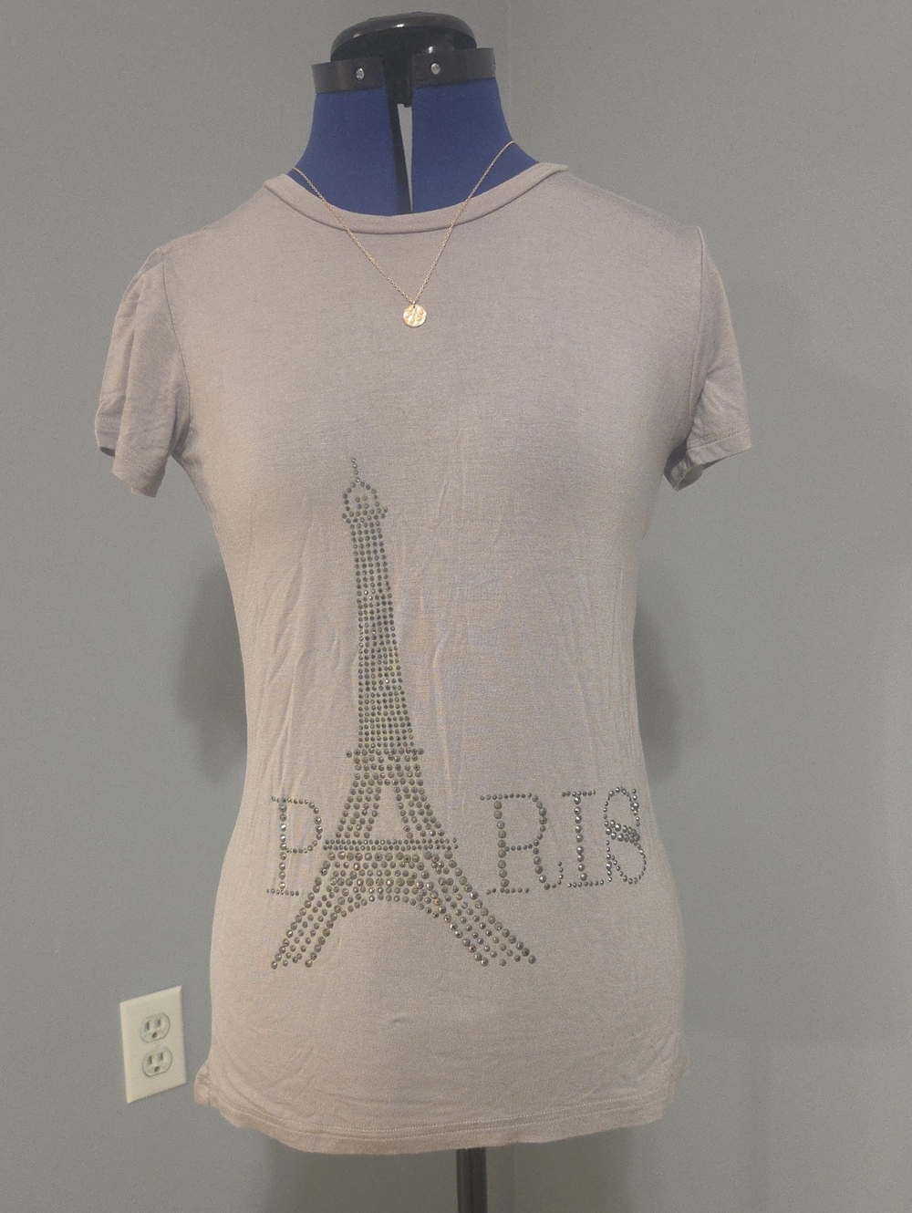 Women's Gray Studded Eiffel Tower Short Sleeve Tee